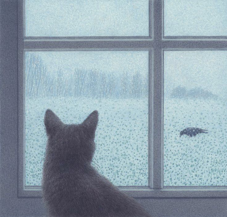 Grey cat watching crow in frosty ground through a window. Tree line in distance. Painting.