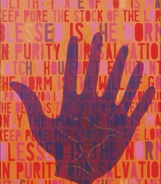 Artwork for Penguin cover that features a silhouette of a human hand with an extra finger overlaid with various words and phrases, creating a text-based background. The words visible include 