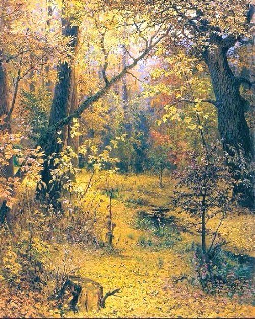 Sunlit woodland painting.