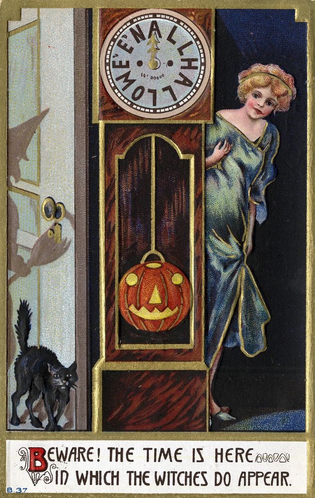 Vintage Halloween card
BEWARE! THE TIME IS HERE IN WHICH THE WITCHES DO APPEAR.
A woman with blonde hair in a blue dress peers around a grandfather clock with ALL HALLOWEEN as the numbers on the clock and a pumpkin as the pendulum. Also a black cat leans around the other side of the clock with the shadow of a witch.