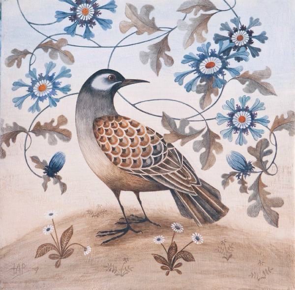 Painting of brown bird amongst blue and white flowers.