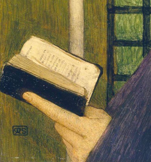Painting of hand holding a book, green background, purple dress. 