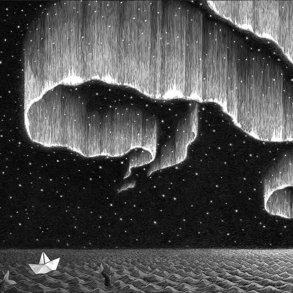 The image is an illustration from "The Wanderer," a wordless picture book by Peter Van den Ende. It depicts a small paper boat navigating a vast, textured ocean under a starry night sky illuminated by the Northern Lights
The illustration is monochrome.