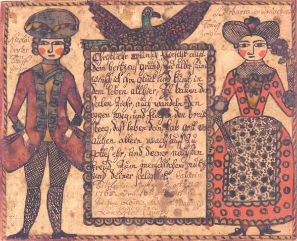 Bird at top of certificate. A man and a woman are depicted either side of it in red and black.