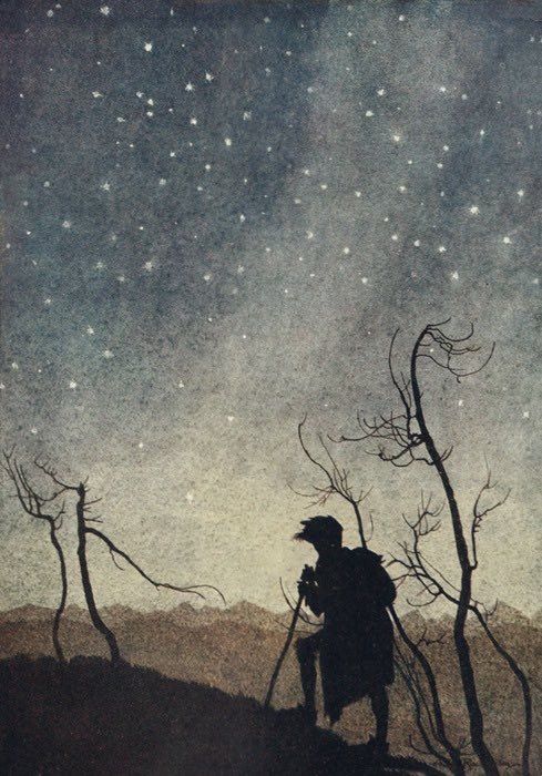 Walker up a hill, bare branches, silhouettes, starry night. 