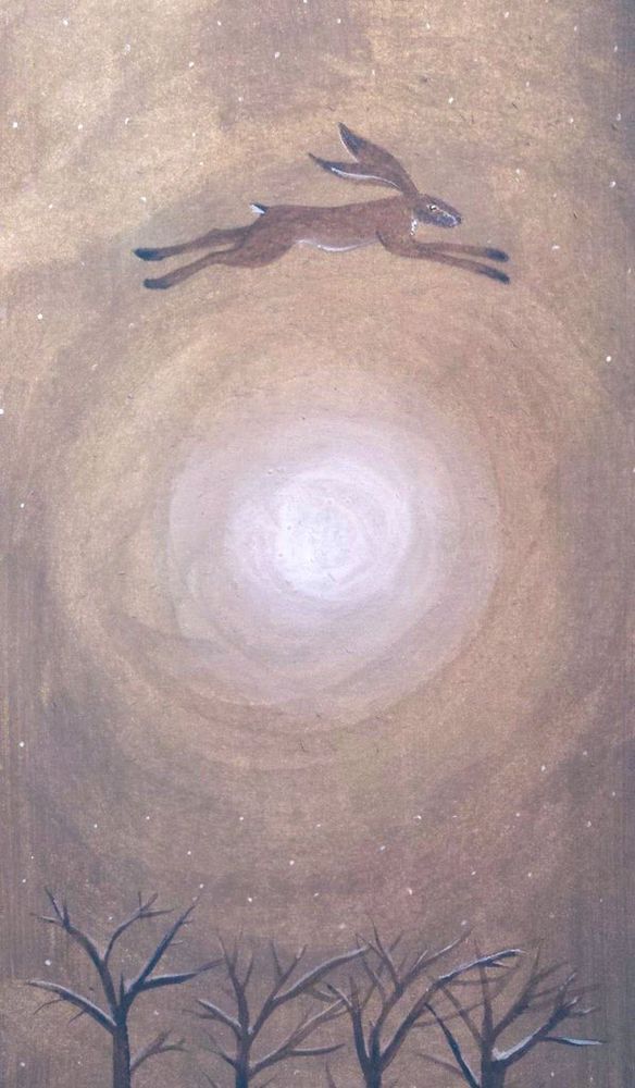 Hare in flight over moon, night sky, bright moonshine, four unleafed trees. Painting. 
