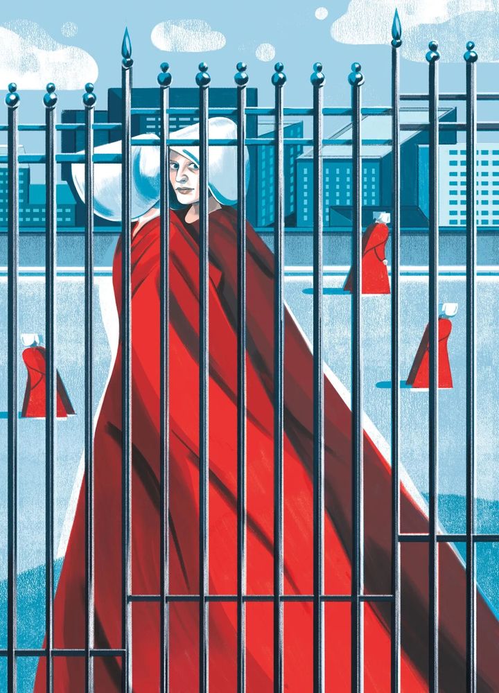 Handmaids walking behind a fence with a city backdrop, illustration.