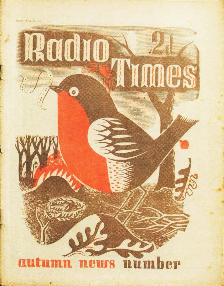 Radio Times Magazine Autumn News, 2d, 1938 made as Postcard, Robin in Linocut style on wintering ground, oak leaves, trees in background.