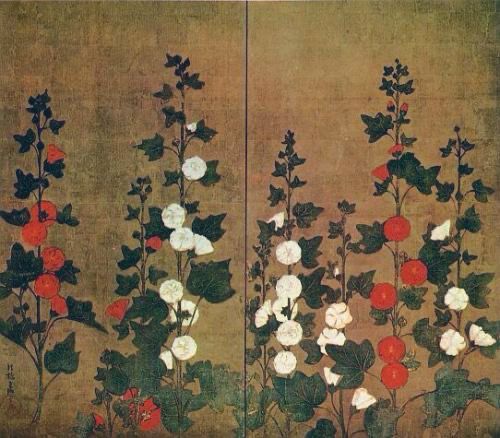 The painting features two prominent stalks of hollyhocks, set against a muted, gold-toned background. The plant on the left bears red-orange blossoms, while the plant on the right displays white flowers, both with green foliage.