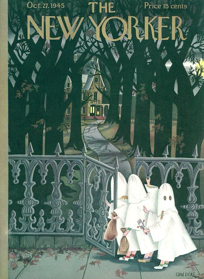 The image is the cover of The New Yorker magazine from October 27, 1945, illustrated by Edna Eicke.
The cover art depicts a Halloween scene where three children, dressed in white ghost costumes, are opening a decorative wrought-iron gate. They appear to be trick-or-treating, with bags in hand, and are about to walk down a path toward a large, spooky-looking house visible in the background. The house is surrounded by a dense, dark forest of tall, bare trees, and a light shines from its windows.