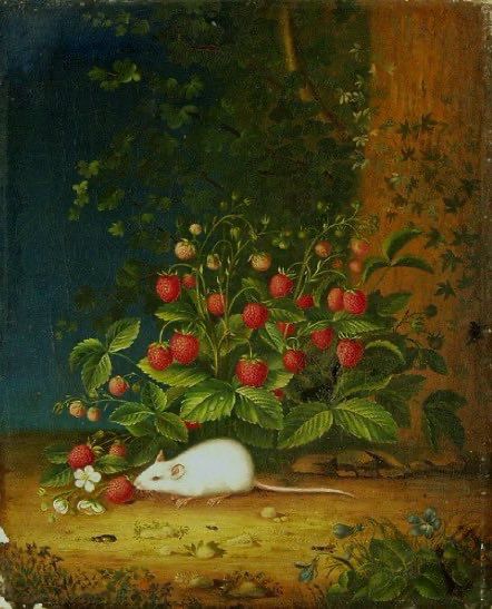 Painting as described. White mouse eating a strawberry.