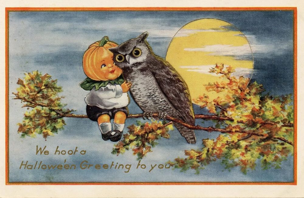 Owl and pumpkin headed child on a branch with full moon and clouded night sky behind. ‘We hoot a Halloween Greeting to you’