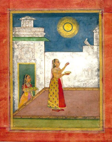 Woman feeding a bird in the moonlight, Rajasthan school.
