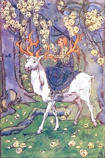Woman with red hair and blue gown riding a white stag in wooded landscape beneath white tree blossom that also lies on the grassy floor. Illustration.