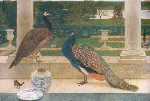 Painting of two peacocks between two pillars in a garden, a little bird next to a jar and plate, there is another peacock in the background in the garden, further in the distance is a lake and trees.
