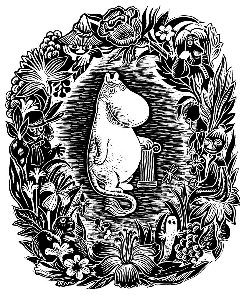 Moominpappa stands in the center of the oval-framed illustration. He is shown leaning casually against a small, fluted column.
Moominpappa is encircled by a dense, lush border of various plants, large flowers, leaves, butterflies, and other small characters from the Moomin universe, including a ghost figure. 
