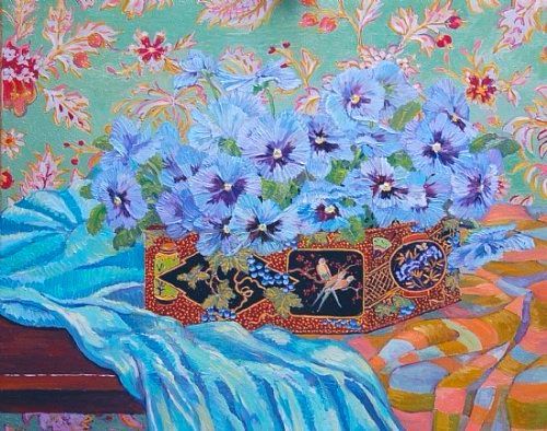 Blue pansies in ornate tin on blue and orange checkered tablecloth on table with turquoise wallpaper with pink flowers in background, painting.