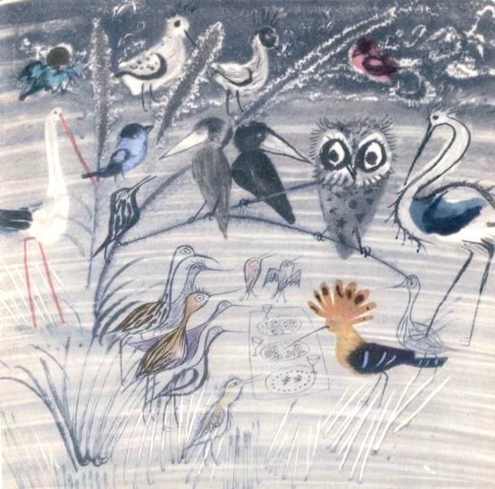 Illustration with numerous bird species, including an owl, a large white crane-like bird, pelican-like birds, and several smaller birds, a hoopoe. 