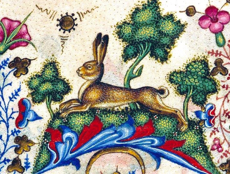 Hare running depicted in landscape, in profile, facing left, with its long ears erect and its body stretched out as if running or leaping. It is surrounded by stylized green foliage, including trees with distinct, somewhat abstract shapes and a foreground of colorful, patterned flowers in shades of red, blue, and green illuminated MS.
