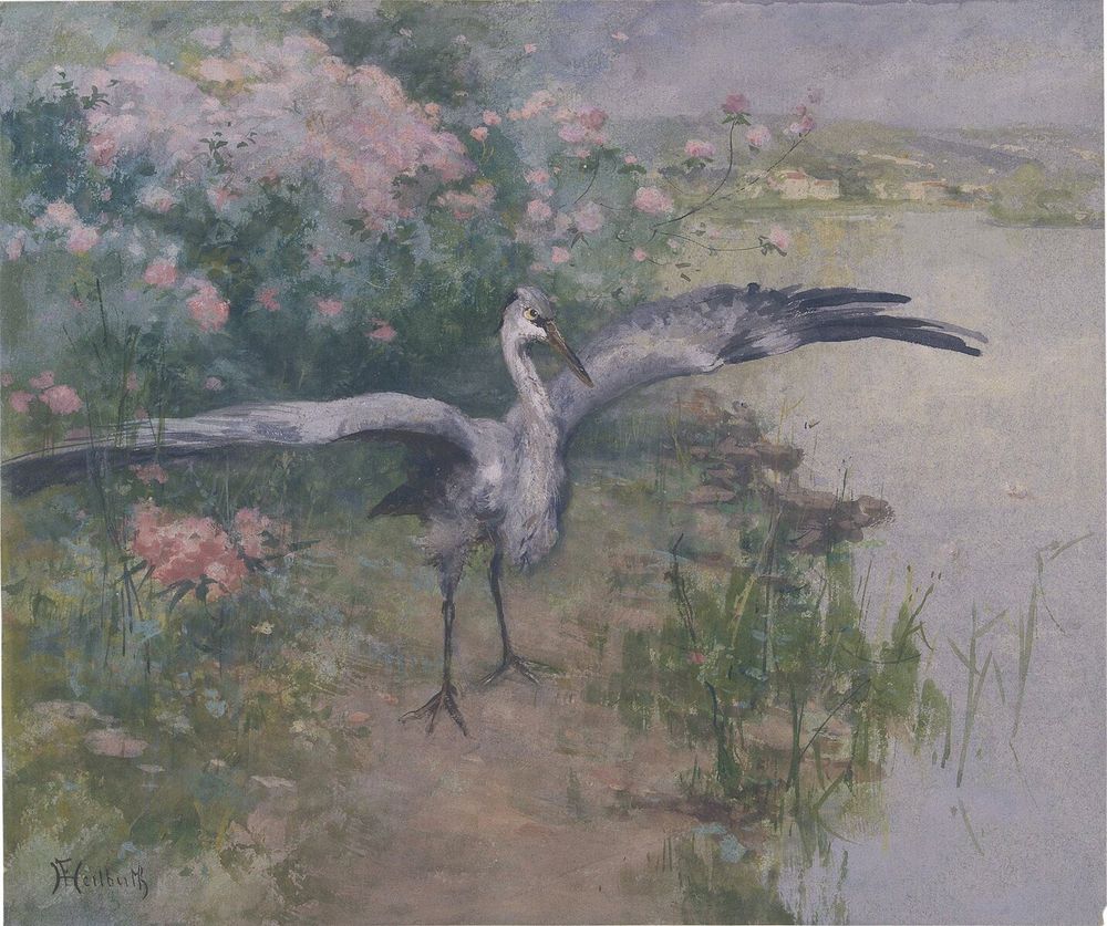 Heron on river bank with wings out, pinkish flowers, dawnish background. Painting.