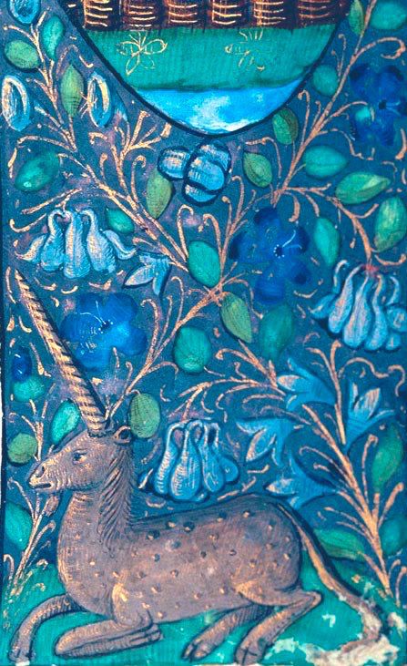 Illustration of unicorn lying down amongst foliage and blue flowers 