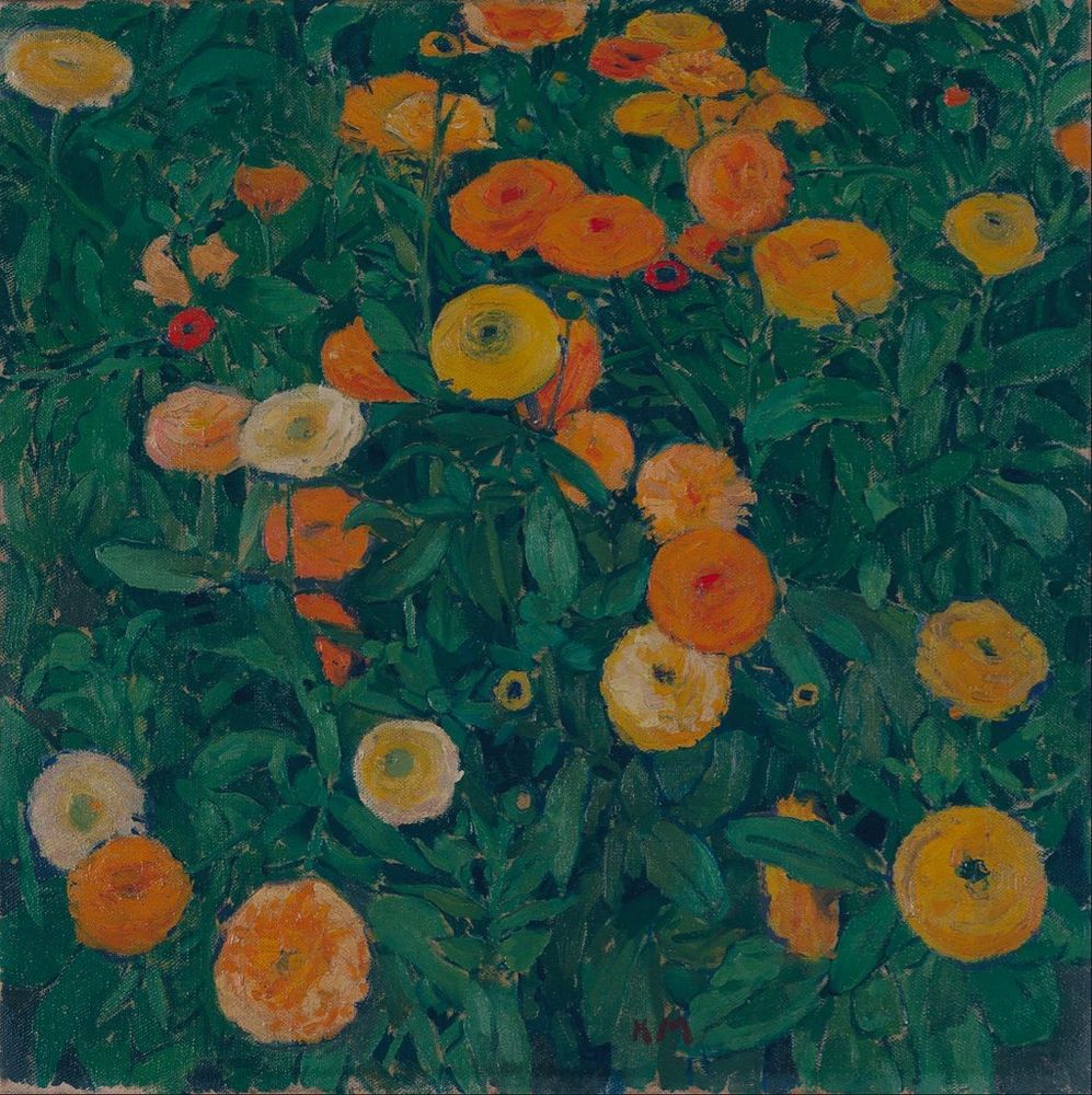 Bed of yellow and orange marigolds, painting 