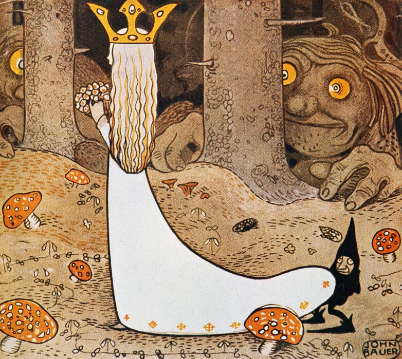 “The Princess and the Trolls” is a 1913 watercolor illustration by Swedish artist John Bauer. The artwork shows a young princess, in a flowing white gown, walking through a forest. She is watched by two trolls. There are toadstools on the forest floor and the train of her dress is carried by a small, gnomish creature dressed in black.