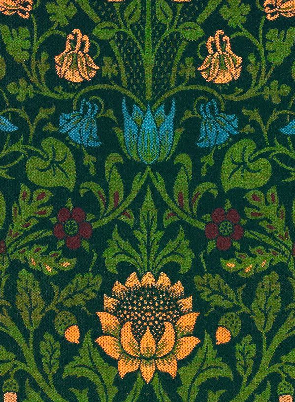 A pattern that features violets and columbines among winding stems and leaves and large central sunflower design.
In greens for the background and foliage, with accents of orange, yellow, and blue, red and yellow for the flowers.