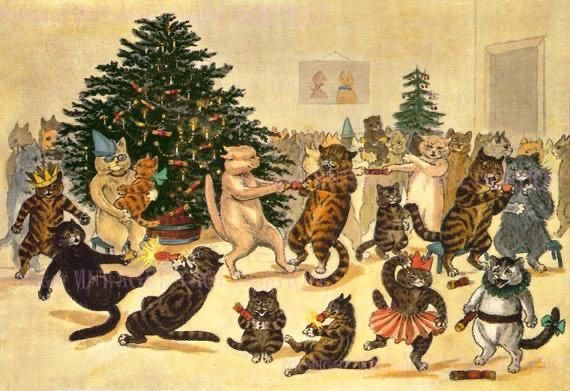 Louis Wain, titled Cats' Christmas Party or A Kitten's Christmas Party
The scene depicts numerous cats gathered for a festive celebration around a decorated Christmas tree. Cats are seen pulling Christmas crackers, with one cracker exploding near the bottom left. Many cats are wearing festive clothing or accessories, such as hats, collars, and a skirt. Cats are dancing, playing games, and generally reveling in the holiday merriment. The gathering takes place indoors, with a large, decorated Christmas tree dominating the left side of the image. Painting.