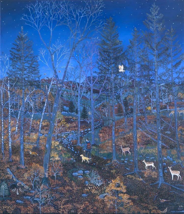 Woods at dawn walked by deer, a person and their dog, overseen by a barn owl, painting.