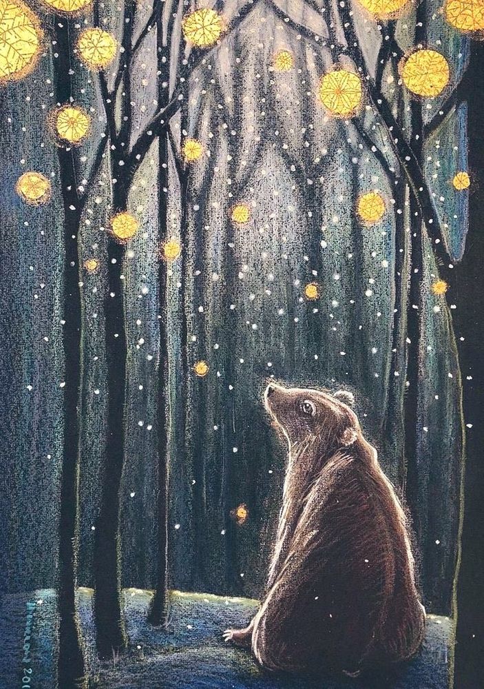 Painting of brown bear who sits on the forest floor, looking upward into the dark, snow-dusted trees.
Snow is falling gently around the bear. Bright, golden, circular lights, resembling glowing snowflakes or lanterns, hang from the bare branches,