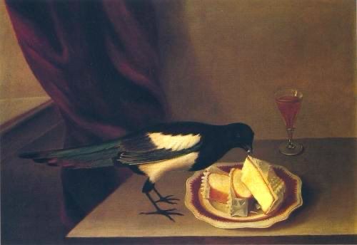 Painting of a magpie perched on a table eating cake, a glass of sherry? is in the background. 