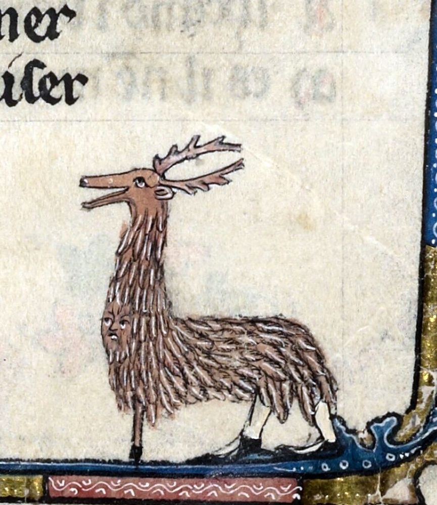 Deer costume with human legs and feet shown at back, medieval MS
