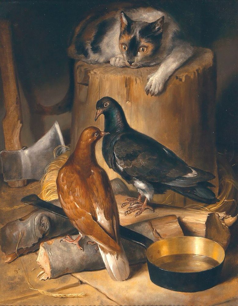 Ginger, white and black patched cat creeping up on a brown and a grey pigeon amongst a wood pile, there’s also a long handled pan beside them, painting.