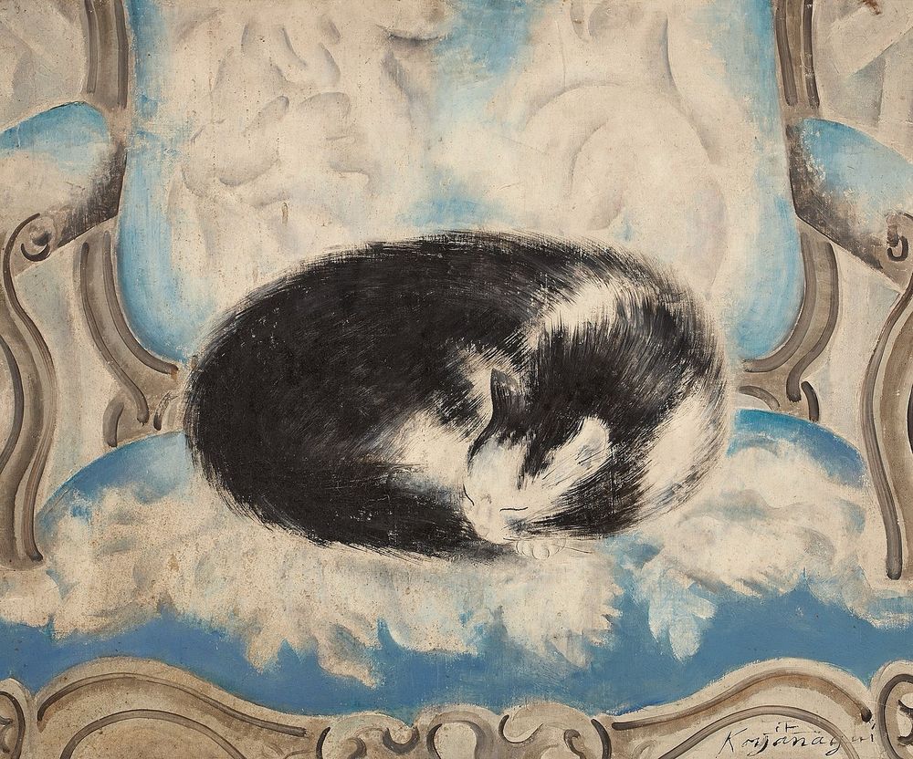 Cat asleep on blue and white chair, painting. 