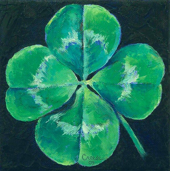 Shamrock painting on dark green background.