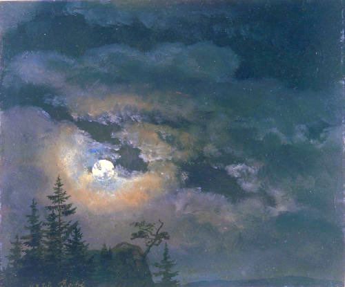 Painting as described. Fir trees at bottom left of painting.
