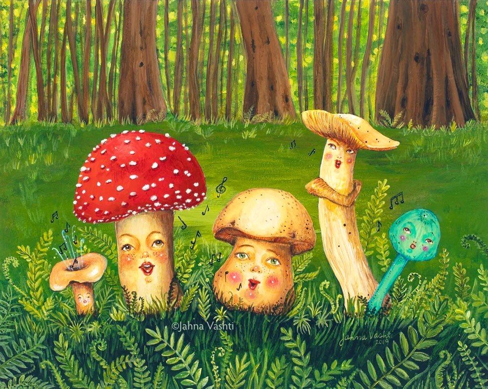 Forest in background, five mushrooms in a row with little faces, they’re singing, in a grassy, fern-filled foreground, painting.