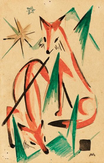 Two foxes, green foliage, star, sun? Painting, cubist, abstract style.