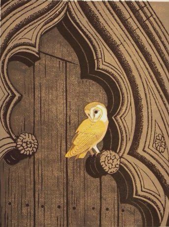 Barn owl perched on church door, painting.