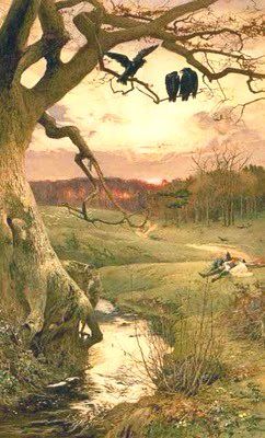 The Three Ravens, c. 1885, by Edward Frederick Brewtnall. The painting captures a moment of sorrow and stillness in a pastoral landscape, illustrating the seventeenth-century English folk poem of the same name. 
The scene is set at twilight, with a stream running through a grassy field. Three ominous black ravens are perched on the bare branches of an old tree, silhouetted against the setting sun. 
Below the tree, the lifeless body of a knight lies supine in the meadow. 
A faithful dog guards the knight's corpse. 
A woman (described as a "fallow doe" in the poem, a metaphor for the knight's lover) weeps over the body, her grief evident as she cradles him beside the dog. 

