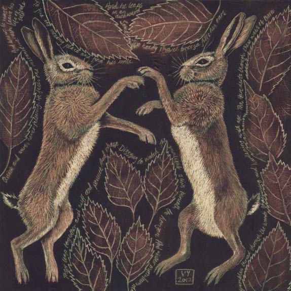 March hares boxing amongst brown leaves surrounded by poetry. Painting. 