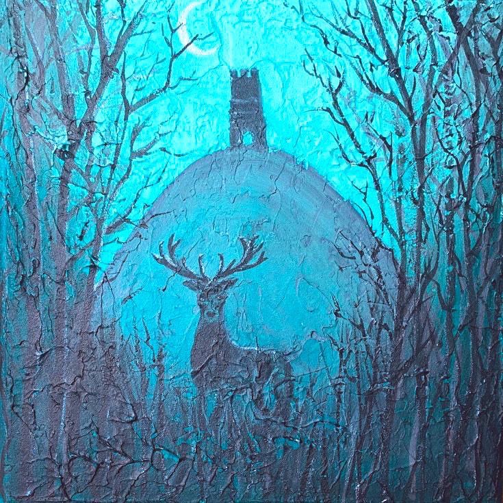 Painting of an almost silhouetted stag stood in dark, textured foliage and trees in the foreground. In the background, a large hill is visible and Glastonbury Tor. The painting uses a blue and black colours for a nocturnal scene with a crescent moon above the tor.