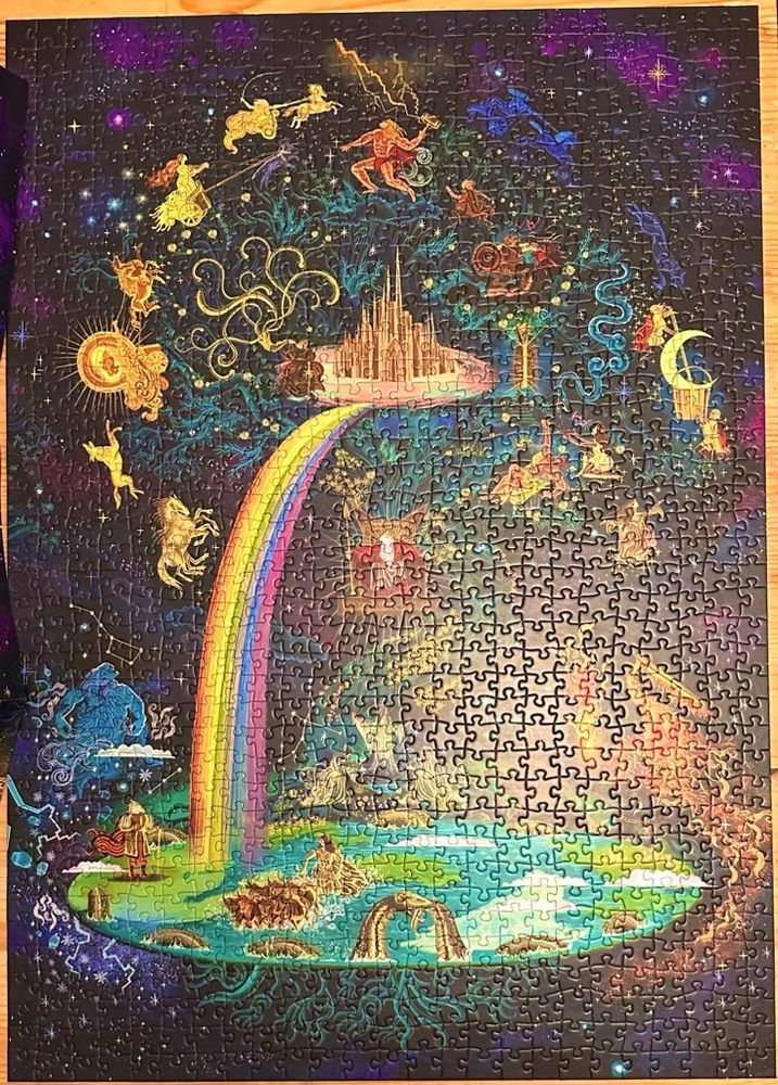 Photo of the completed puzzle with gods, goddesses and features of Norse mythology.