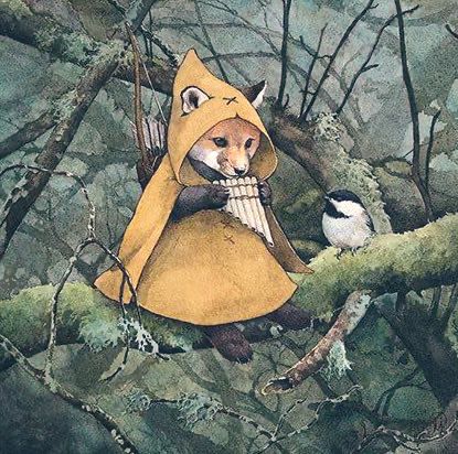 Fox in hooded cloak playing a tune to a chickadee, both sat in a tree, illustration.