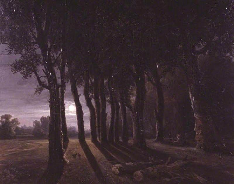 Moonlight, cloudy night sky, silhouettes of trees, painting.