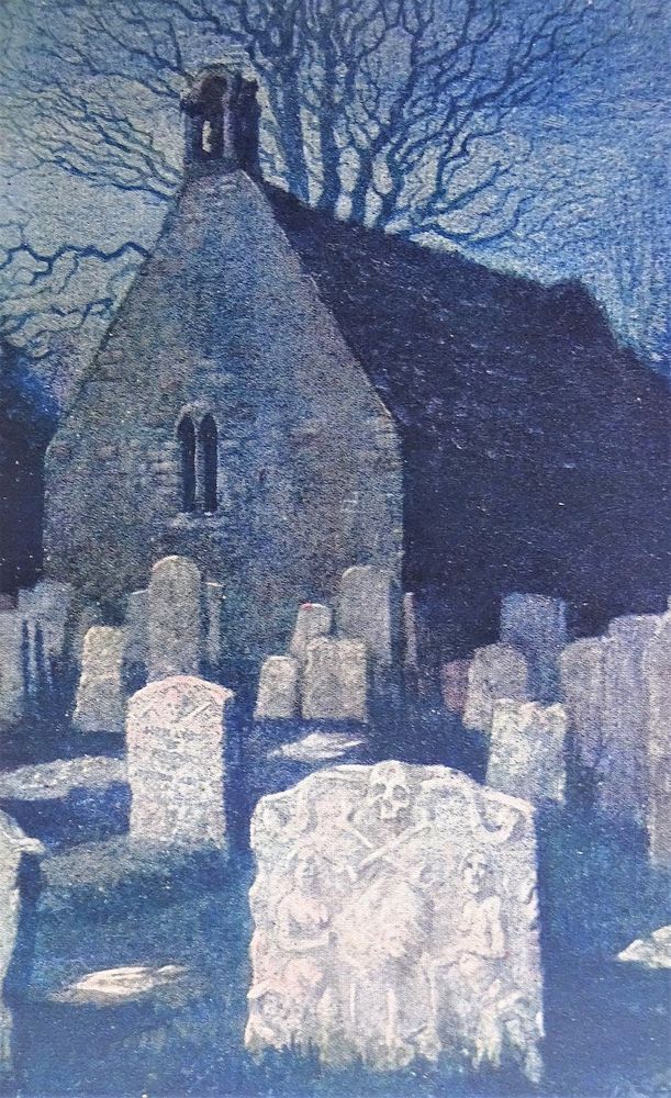 Painting of church and churchyard with rows of headstones, a wintered tree stands behind the church.