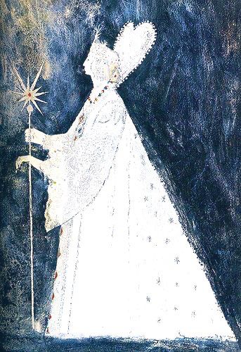 The central figure is presented in profile, facing left, with a distinct, elongated silhouette. It is cloaked in a flowing, white gown or cape, adorned with subtle patterns and textures: The figure wears an elaborate headdress, possibly a crown or a decorative piece, which extends upwards and features a prominent, heart-shaped or wing-like element at the back. In its left hand, the figure holds a long, slender staff or scepter, topped with a radiant, star-like ornament that emits light. 