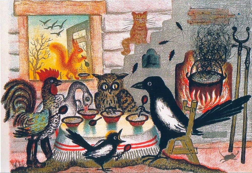 Owl, magpie, baby magpie, cockerel, goose all eating at a table with red bowls and spoons, squirrel eating at window, birds in flight in distance, cat on the stairs watching, mouse running away, fire and pot on stove in background, illustration.