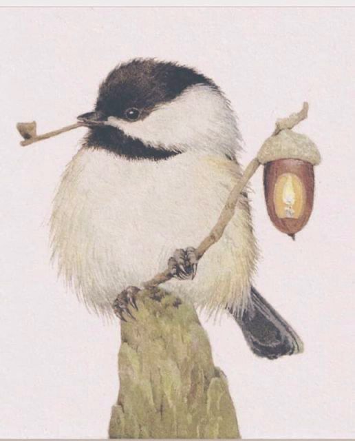 Black-capped Chickadee perched on a small stump, smoking a pipe, holding an acorn lamp, painting.